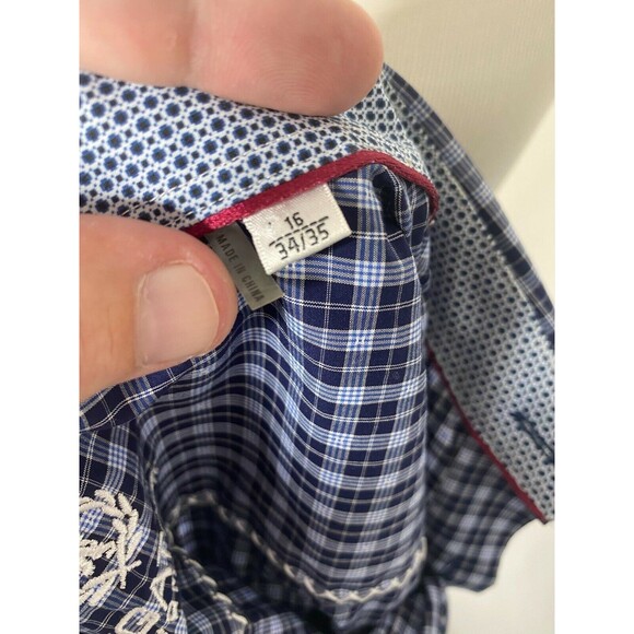 Bugatchi Uomo Men's Dress Shirt Blue Plaid Button-Down Cotton Size 16 / 34 - Picture 9 of 12